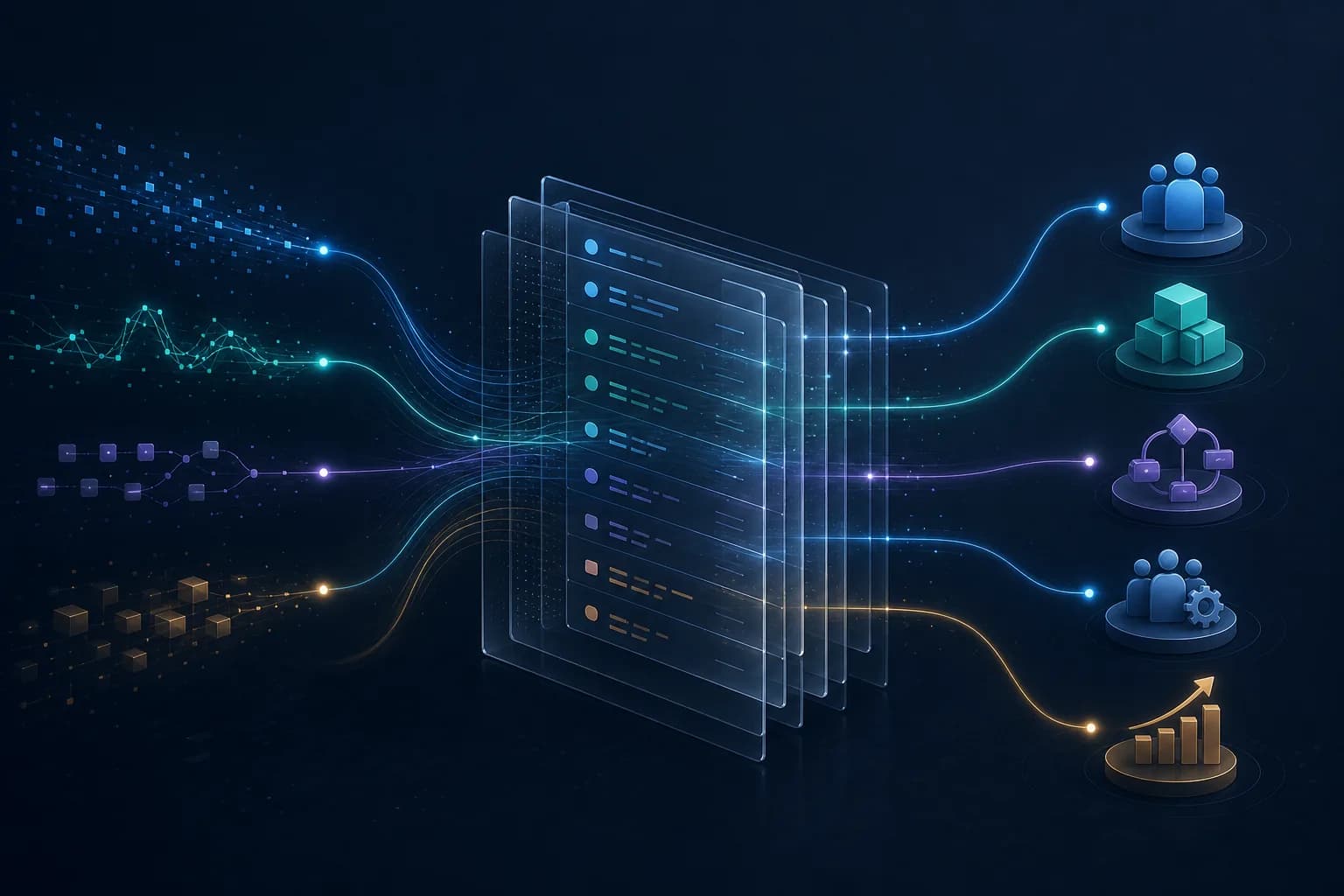 Raw AI usage signals flowing through an evidence ledger and resolving into customers, features, workflows, teams, and outcomes