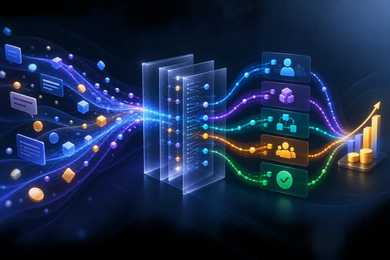 AI usage signals mapped through an evidence ledger to business dimensions and outcome metrics