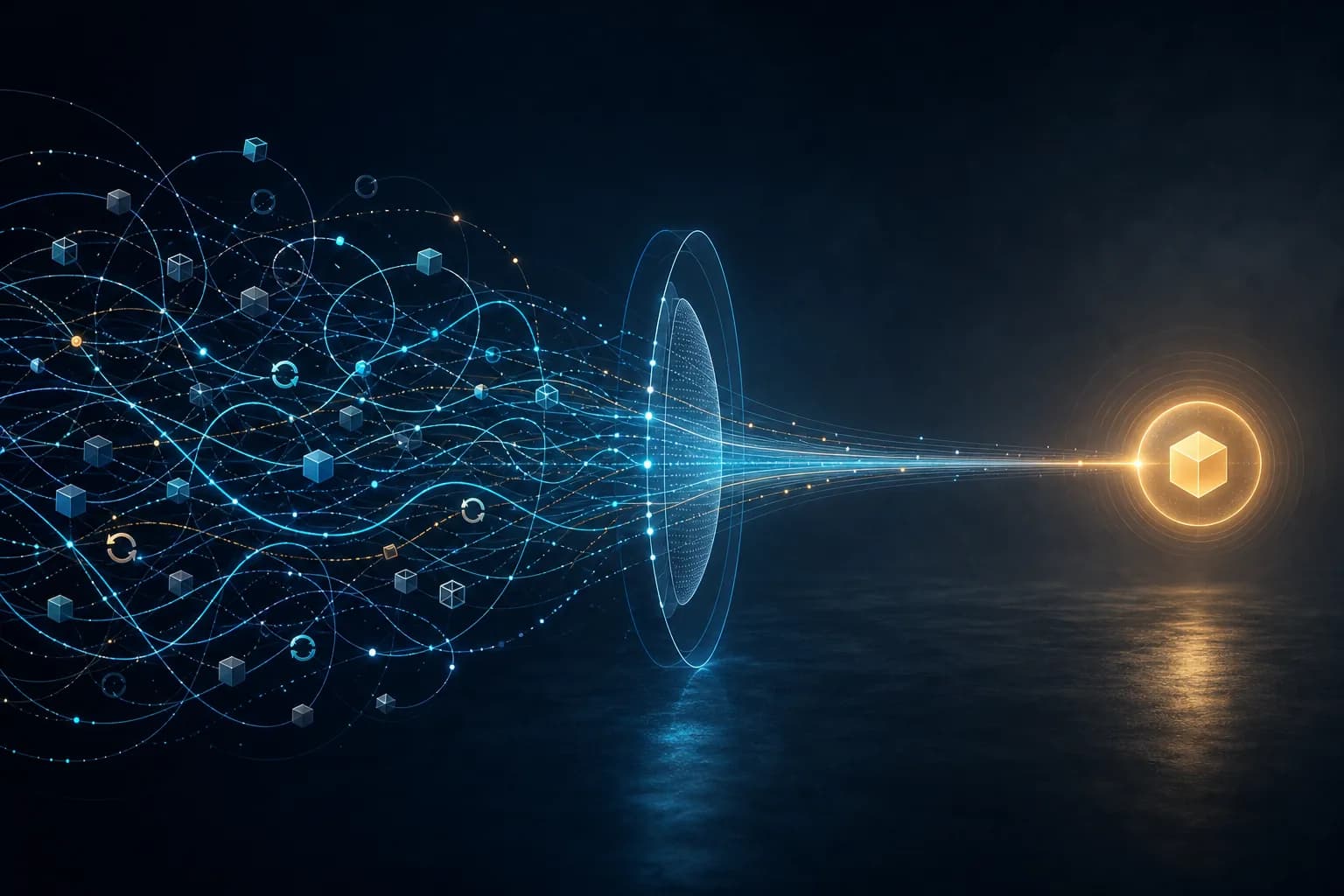 Tangled retry and tool-call paths converging into one completed AI workflow outcome