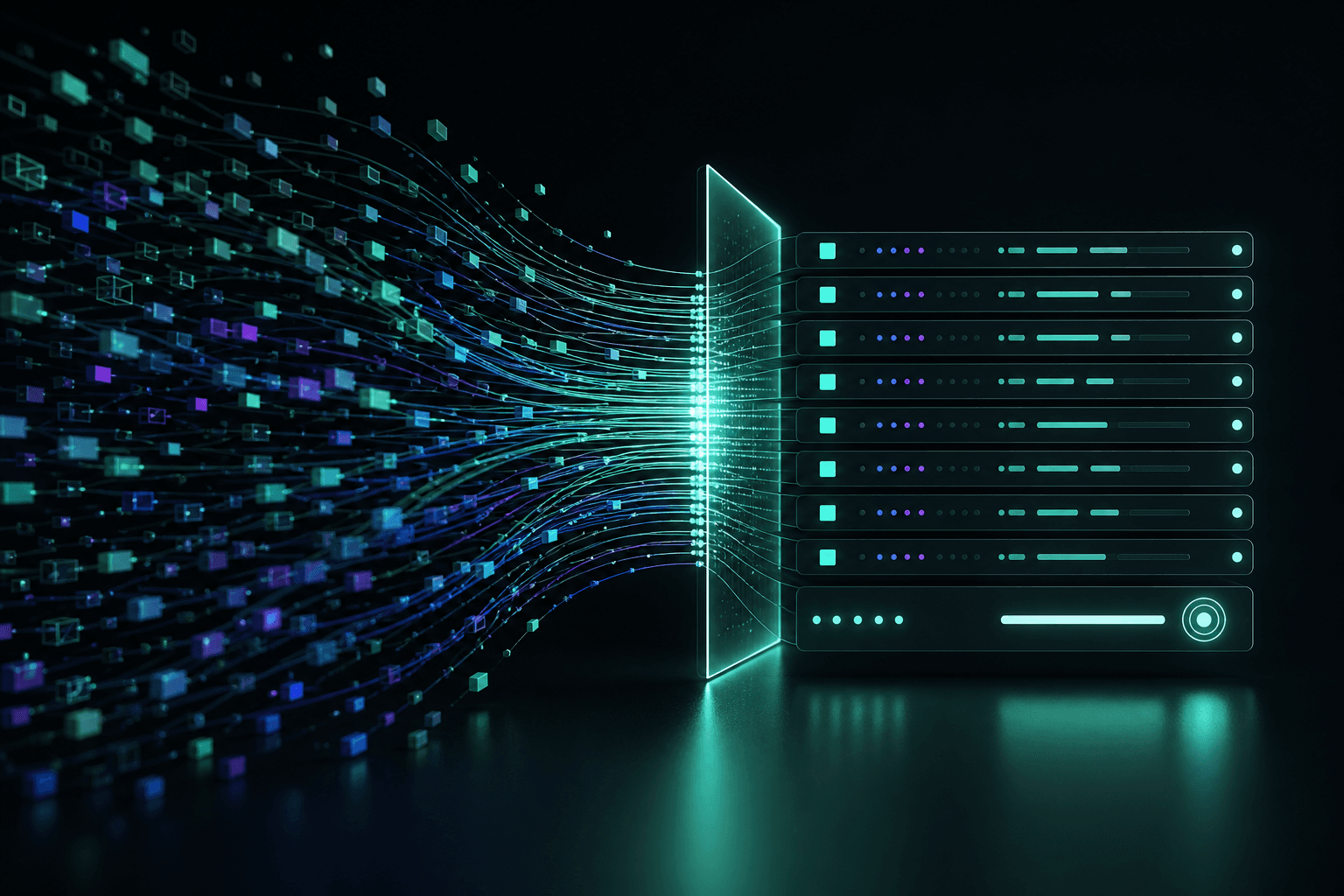Fragmented AI usage signals passing through a reconciliation boundary into an orderly financial ledger